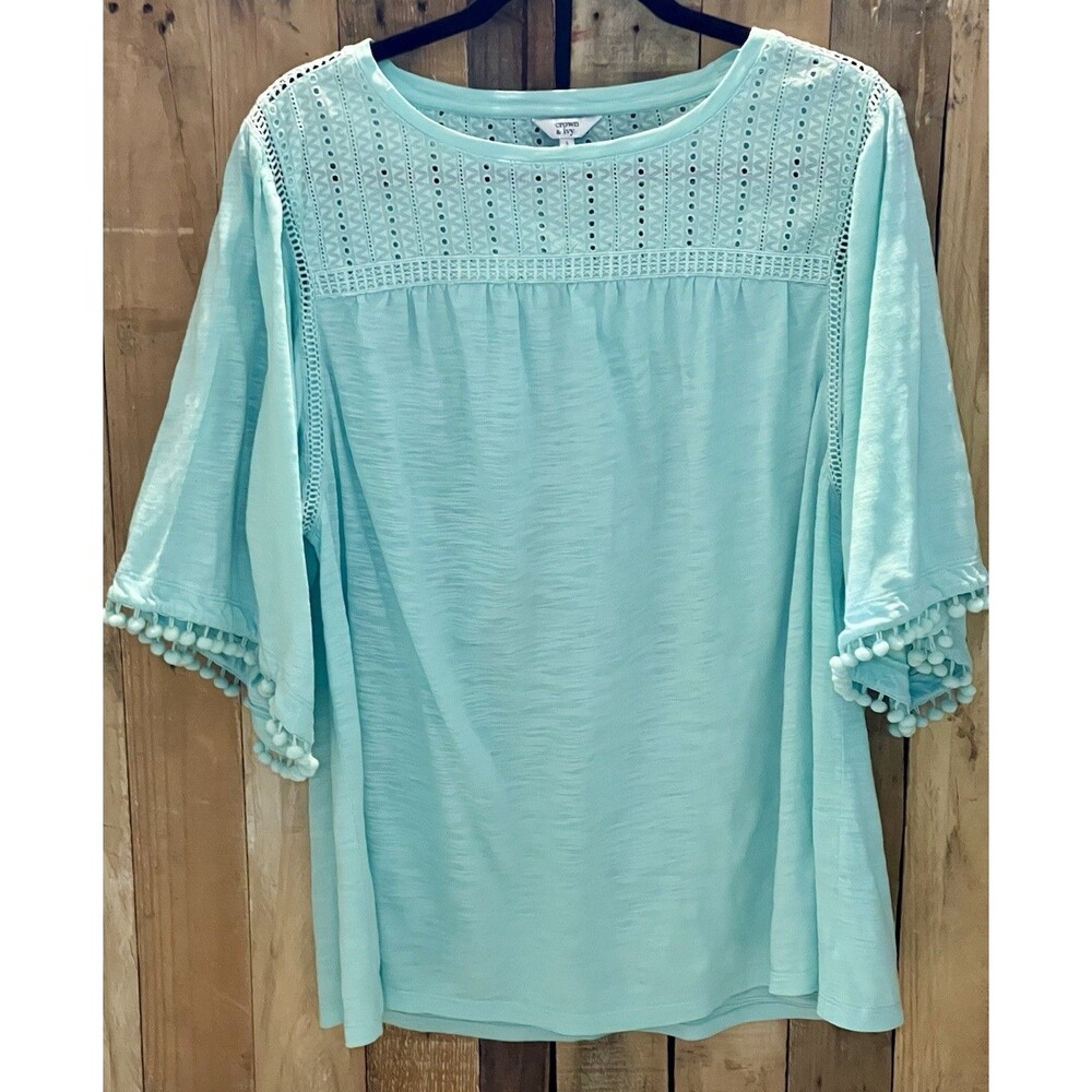 Crown & Ivy Womens SzL Turquoise Embroidered  Blouse Top Beachy Boho